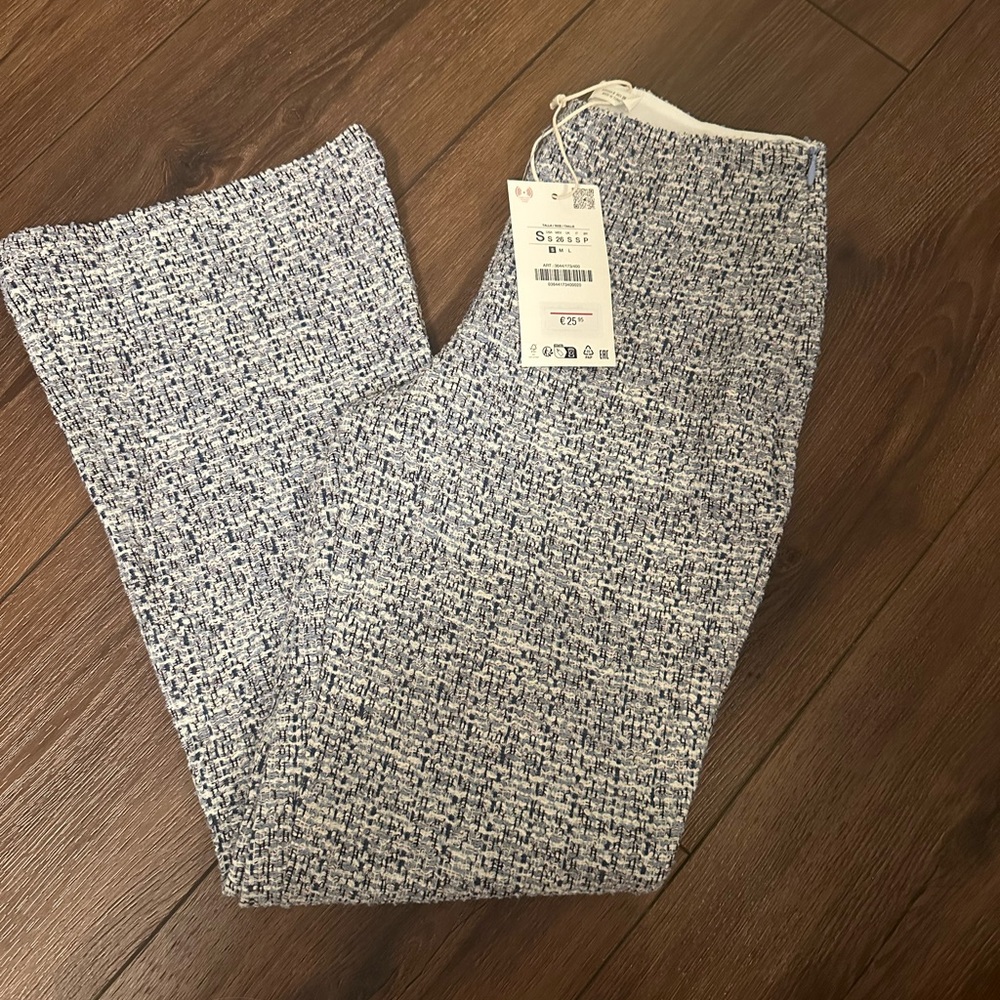 Zara Blue and White Tweed Cropped Pants